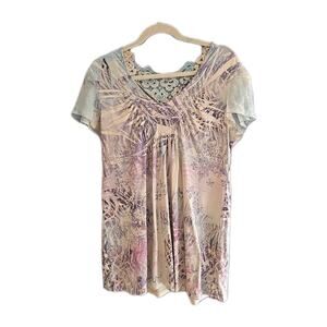 Unity World Wear Purple Floral Studded Fairy Short Sleeve Top Womans Size XL